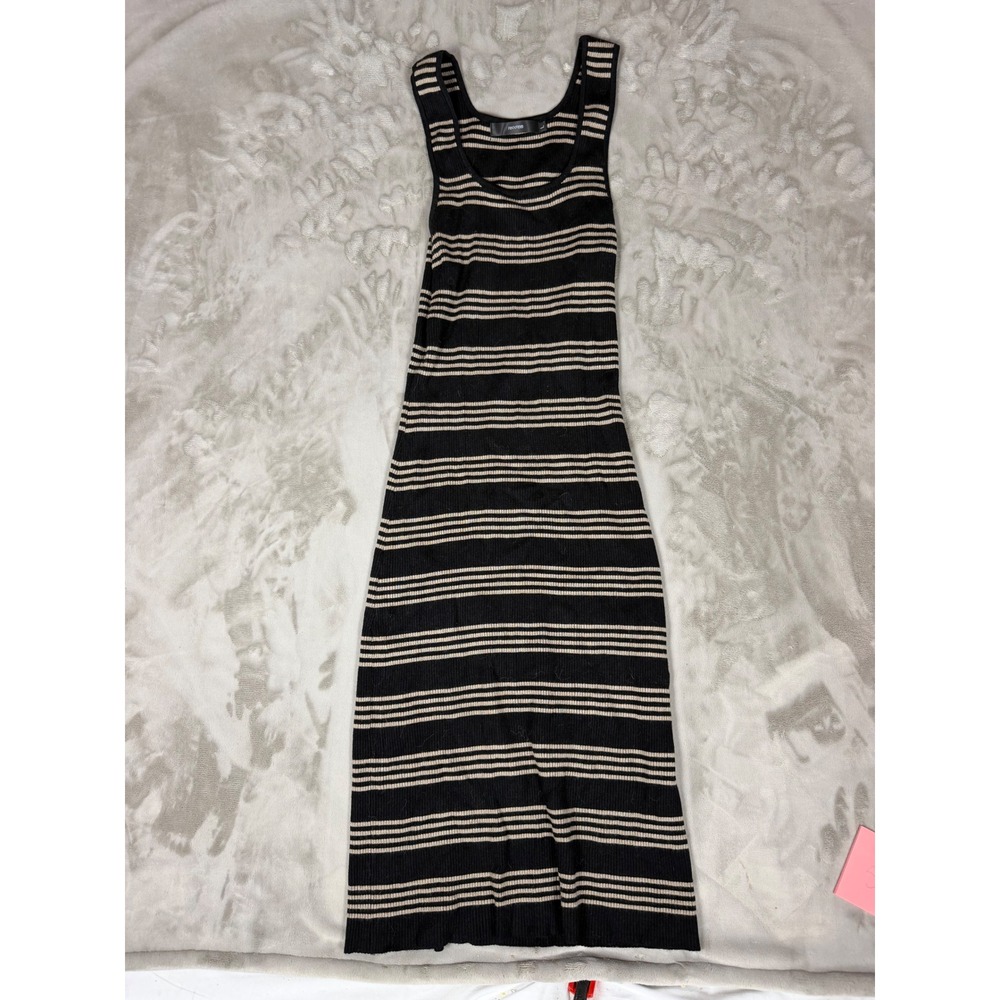 RNXRBB Black Tan Striped Ribbed Knit Sleeveless Midi Bodycon Dress Large